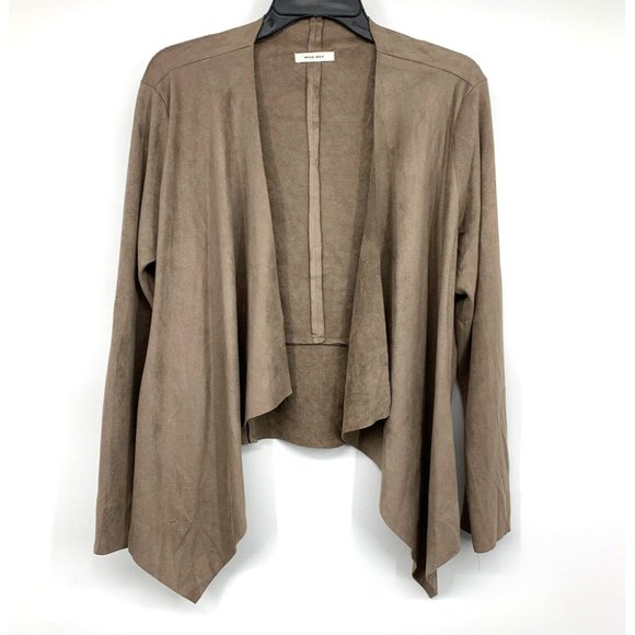 Mod Ref Jacket Brown Faux Suede Open Front Waterfall Long Sleeve - Picture 1 of 9